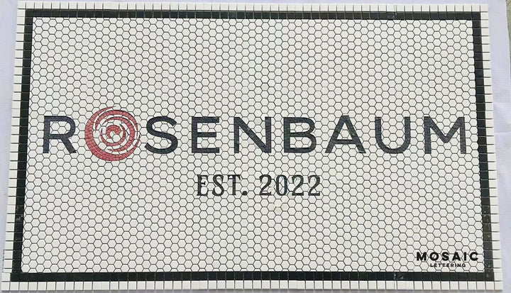 Rosenbaum EST. 2022 mosaic, business logo mosaic by Mosaic Lettering, photographed at our studio before installation