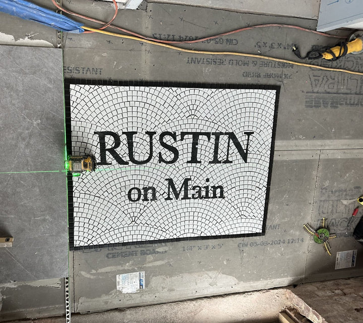 Rustin on Main entrance mosaic, business logo mosaic by Mosaic Lettering