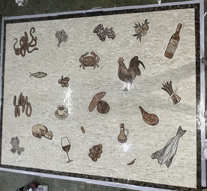 Scattered food and wine motif marble floor, hand-cut mosaic by Mosaic Lettering, photographed at our studio before installation