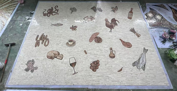 Scattered motif marble floor, hand-cut mosaic by Mosaic Lettering, photographed at our studio before installation