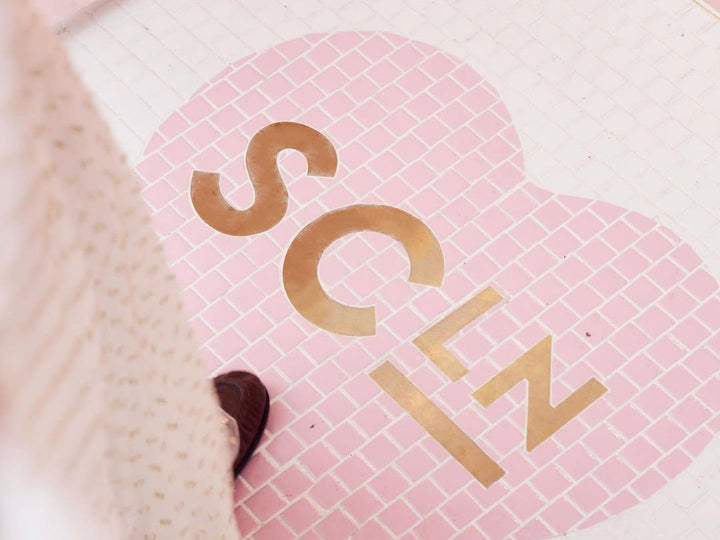 SCLN pink heart mosaic, business logo mosaic by Mosaic Lettering