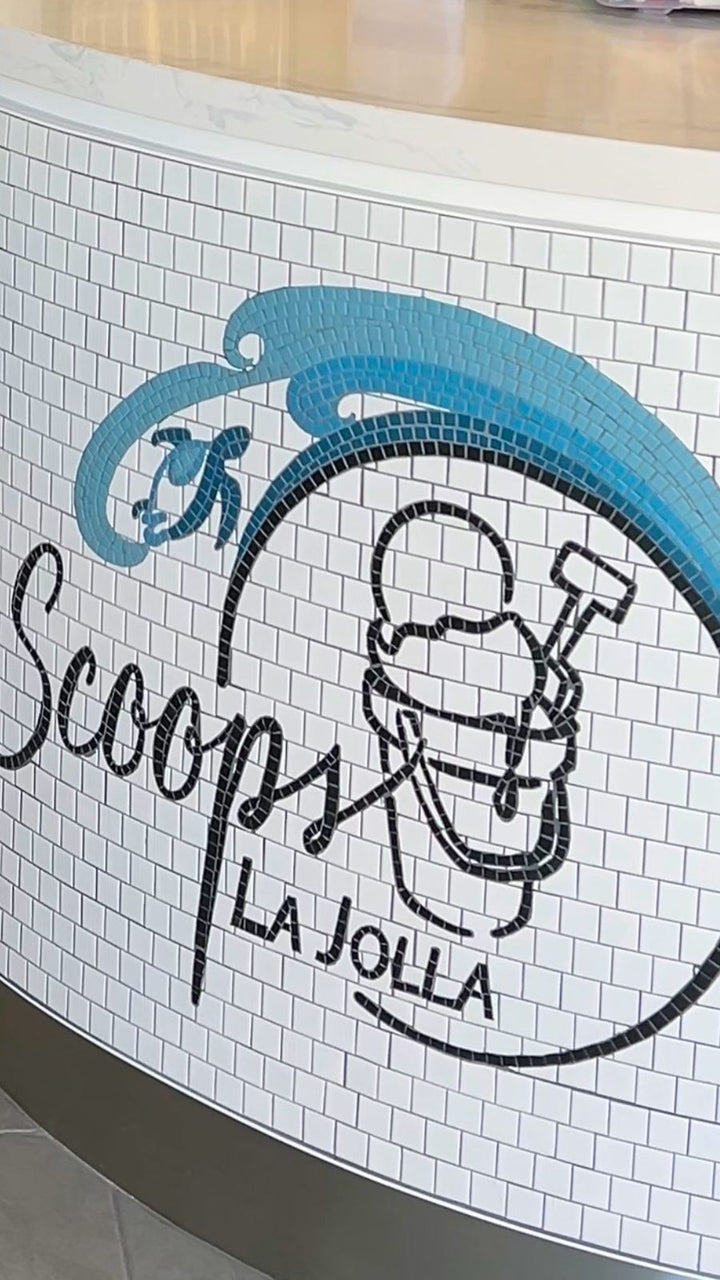 Scoops La Jolla logo mosaic, restaurant logo mosaic by Mosaic Lettering