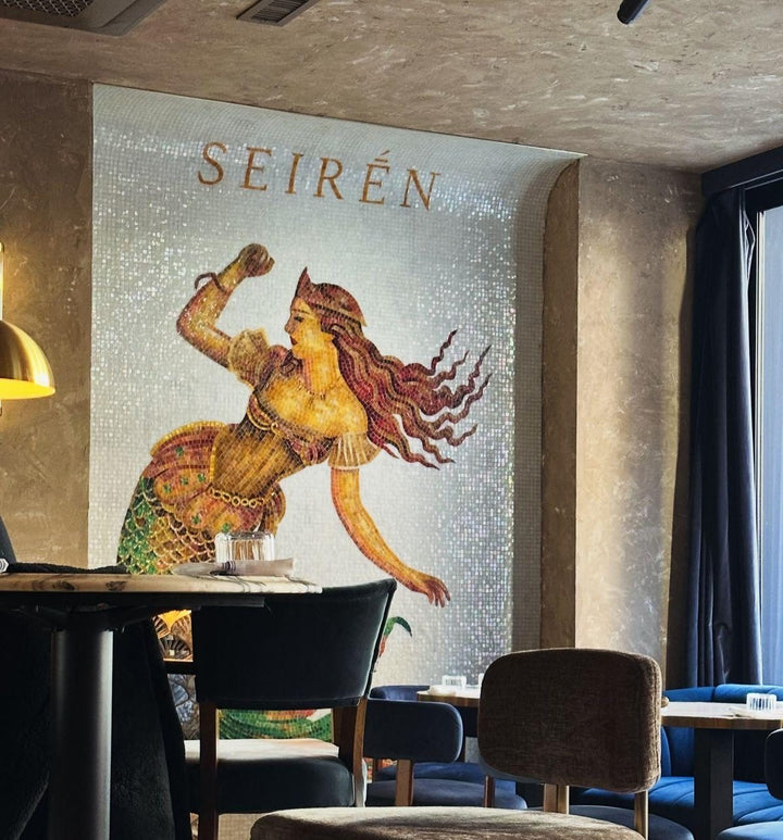 Seiren mermaid wall mosaic in restaurant, restaurant logo mosaic by Mosaic Lettering