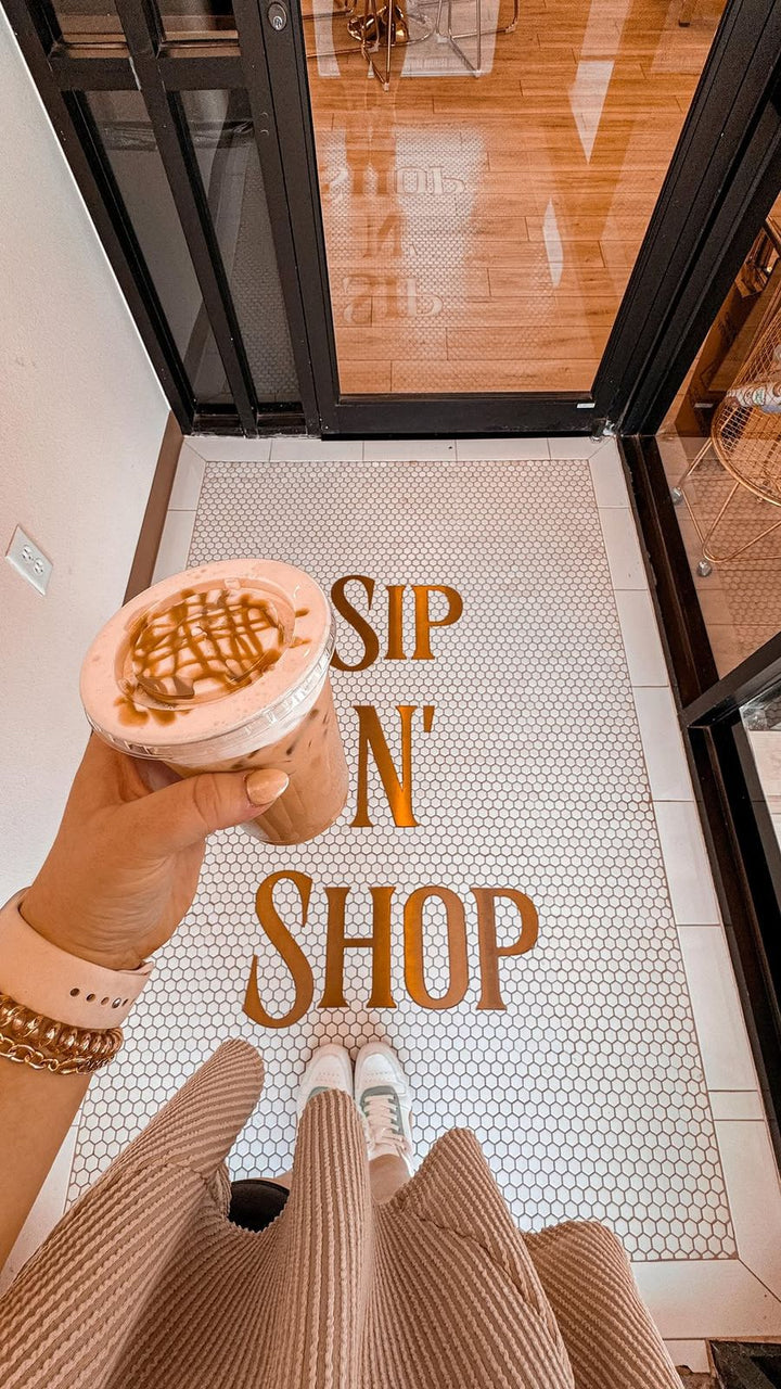 Sip N Shop lettering mosaic, business logo mosaic by Mosaic Lettering