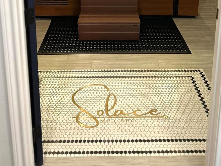 Solace gold script mosaic, business logo mosaic by Mosaic Lettering