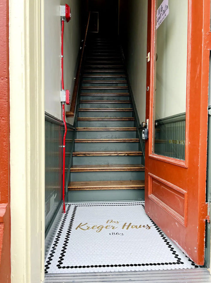 Stairwell entrance mosaic, house number mosaic by Mosaic Lettering