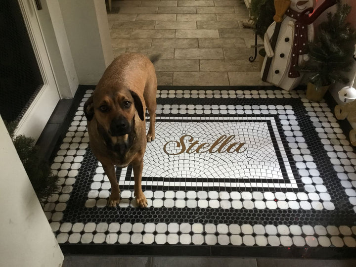 Stella entrance with shop dog, restaurant logo mosaic by Mosaic Lettering