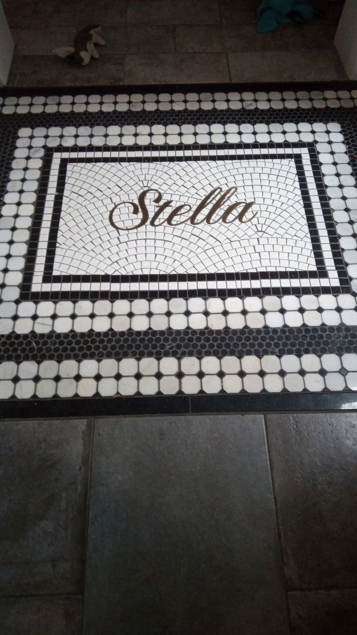 Stella script entrance mosaic, restaurant logo mosaic by Mosaic Lettering