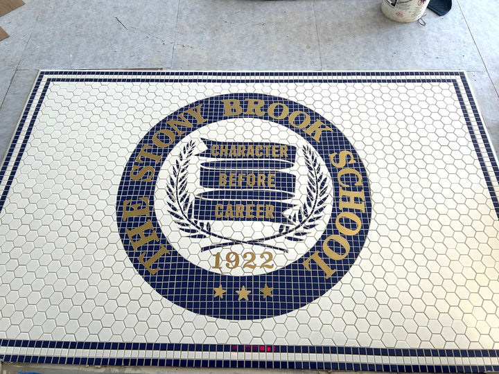 Stony Brook School crest mosaic, business logo mosaic by Mosaic Lettering