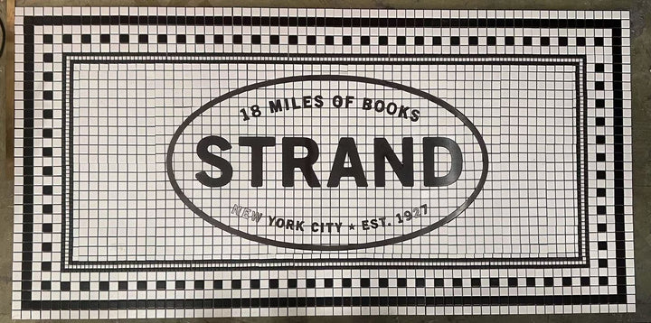 Strand bookstore logo mosaic, business logo mosaic by Mosaic Lettering, photographed at our studio before installation