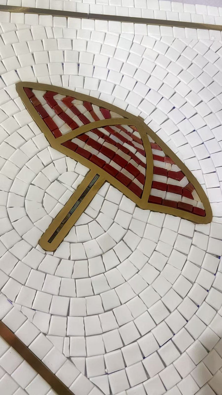 Striped umbrella motif mosaic, hand-cut mosaic by Mosaic Lettering