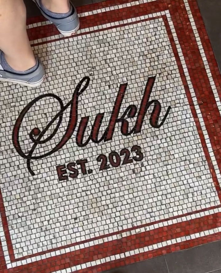 Sukh red border script mosaic, restaurant logo mosaic by Mosaic Lettering