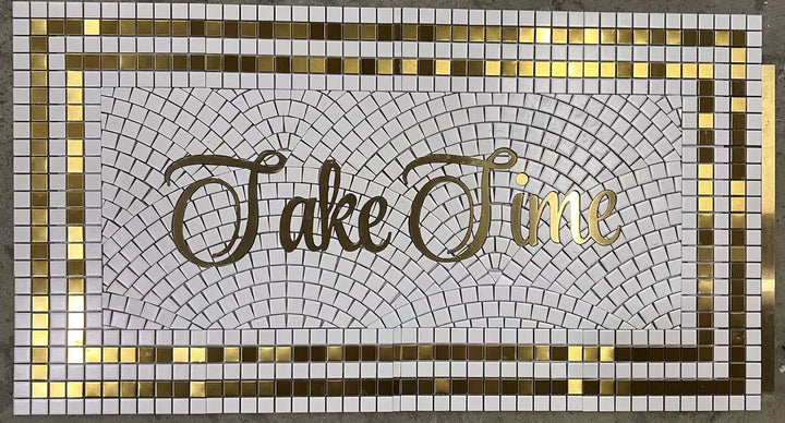 Take Time gold border script mosaic, business logo mosaic by Mosaic Lettering, photographed at our studio before installation