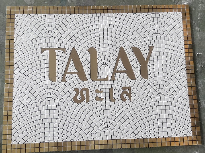Talay fanned mosaic with gold lettering, restaurant logo mosaic by Mosaic Lettering, photographed at our studio before installation