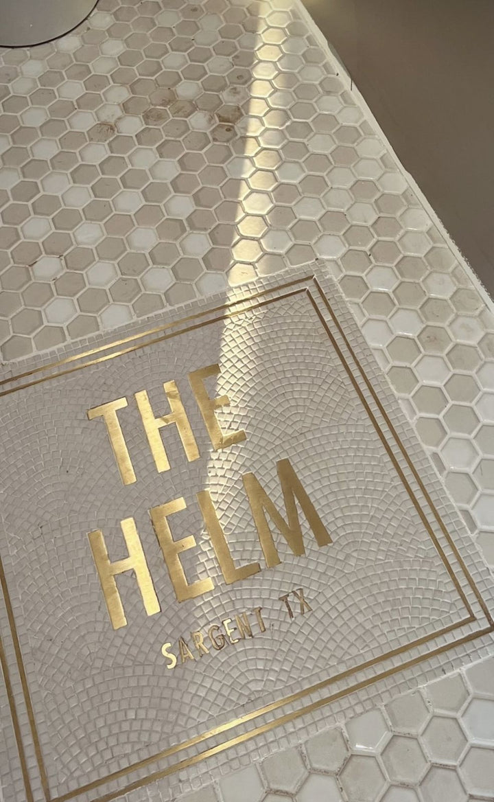 The Helm gold lettering mosaic, bar logo mosaic by Mosaic Lettering
