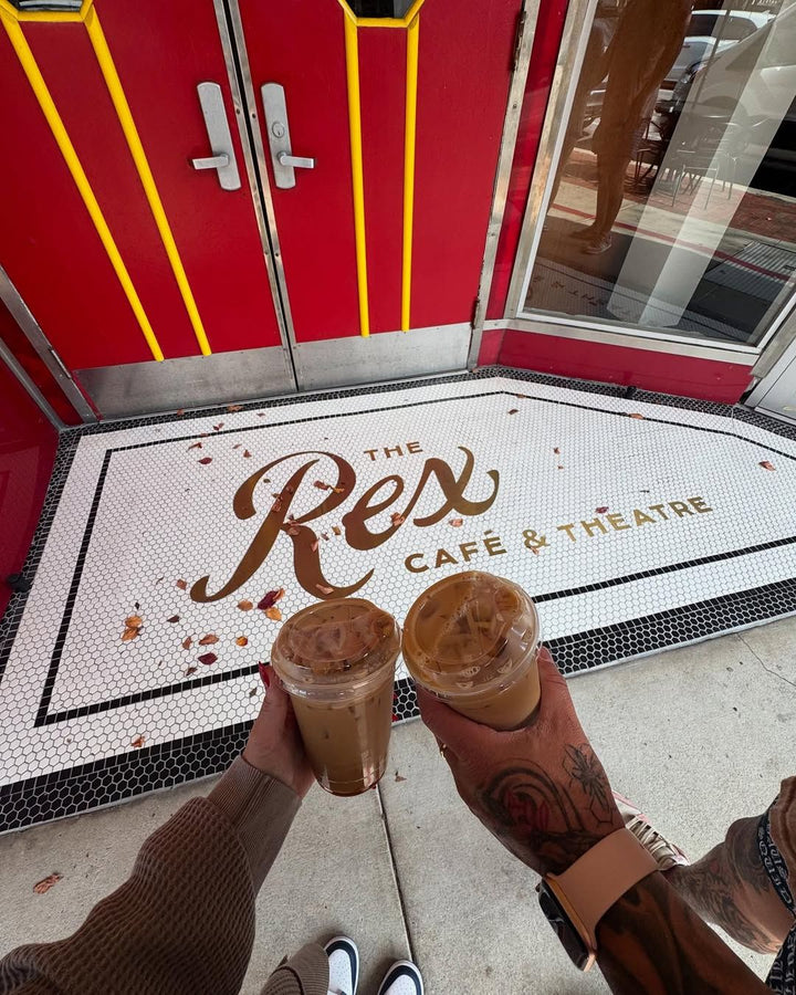 The Rex Café & Theatre gold mosaic, restaurant logo mosaic by Mosaic Lettering