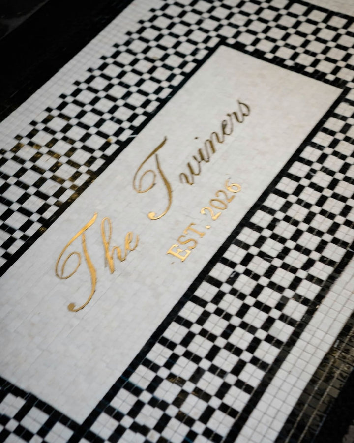 The Turners gold script checker border, house number mosaic by Mosaic Lettering