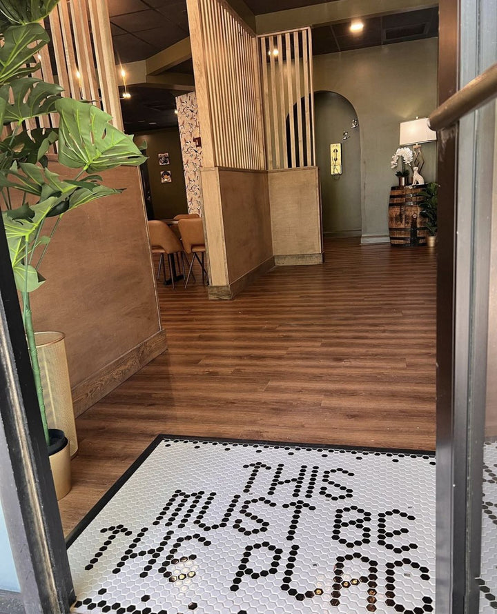This Must Be The Place hexagon lettering, restaurant logo mosaic by Mosaic Lettering