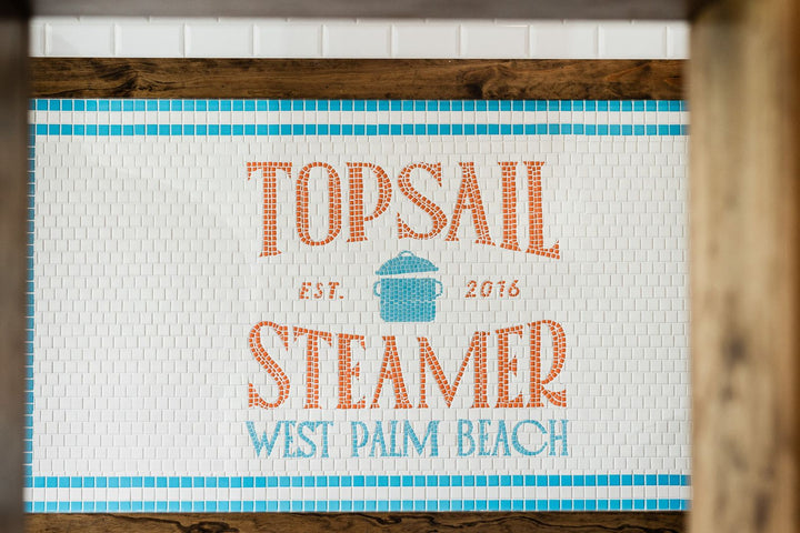 Topsail Steamer West Palm Beach wall mosaic, restaurant logo mosaic by Mosaic Lettering
