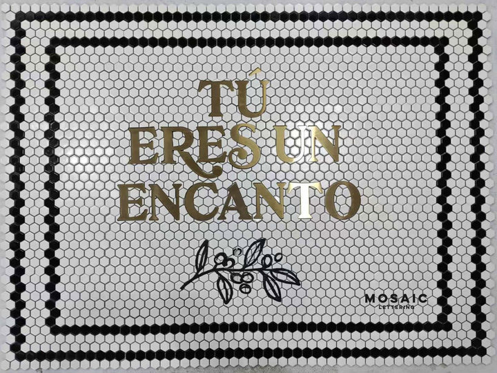 Tu eres mi encanto gold script mosaic, house number mosaic by Mosaic Lettering, photographed at our studio before installation