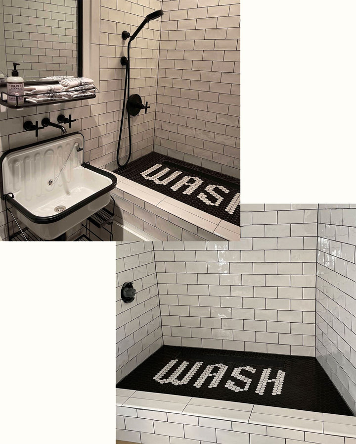 WASH shower floor before and after, pool and bathroom mosaic by Mosaic Lettering