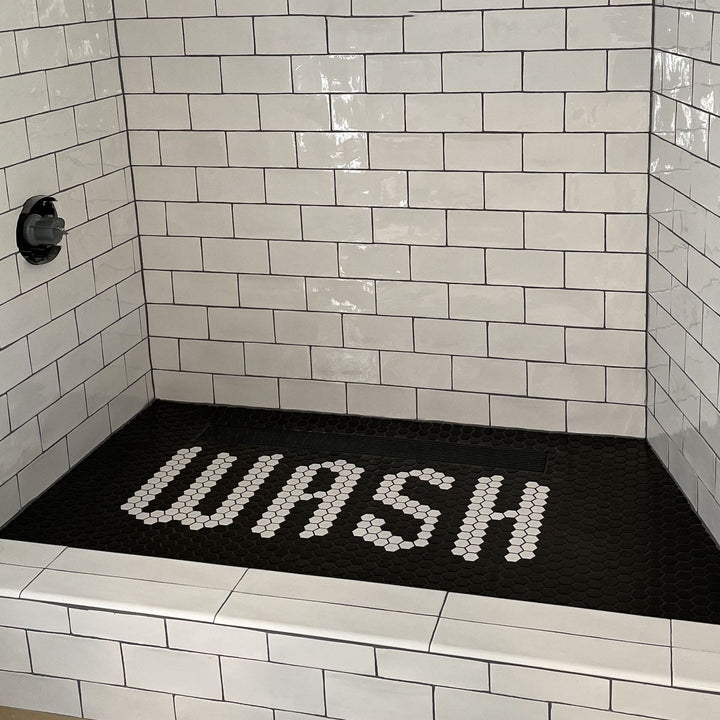 WASH shower floor mosaic, pool and bathroom mosaic by Mosaic Lettering