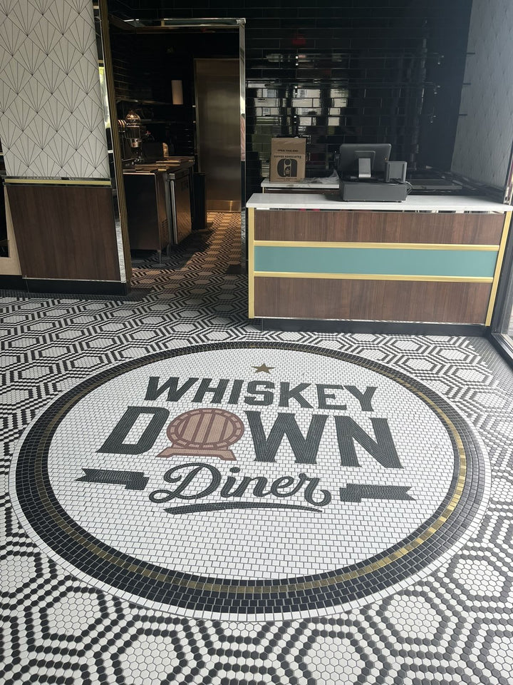 Whiskey Down Diner round logo mosaic, restaurant logo mosaic by Mosaic Lettering