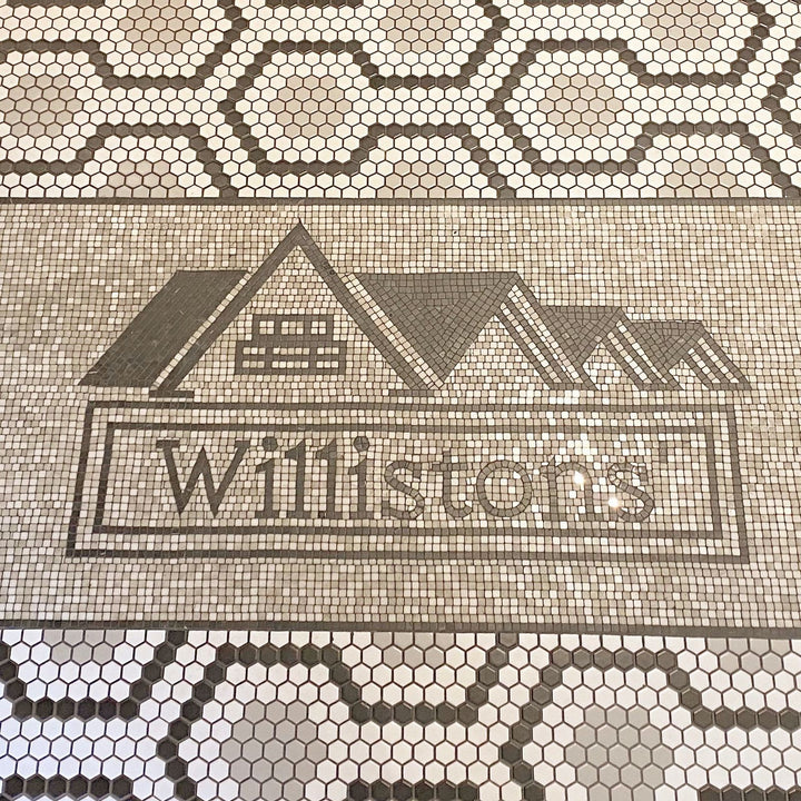 Williston's hexagon logo mosaic, restaurant logo mosaic by Mosaic Lettering