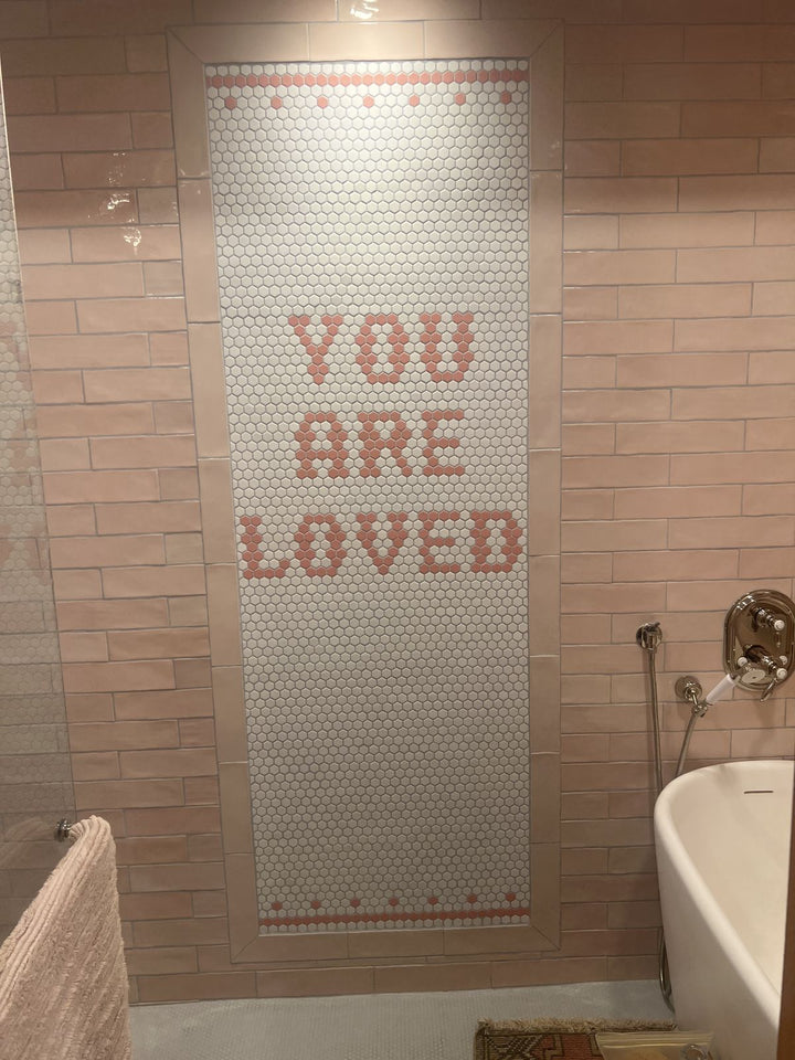 YOU ARE LOVED bathroom wall mosaic, pool and bathroom mosaic by Mosaic Lettering